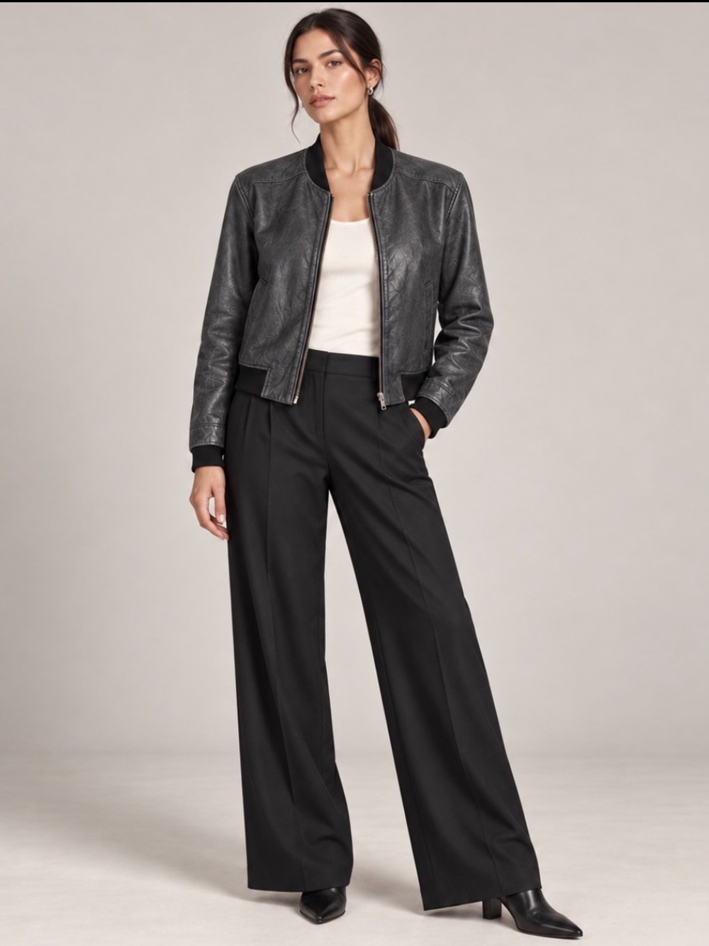 Helmut Lang Crinkled Lamb Leather Bomber Jacket Charcoal Black Women Large
